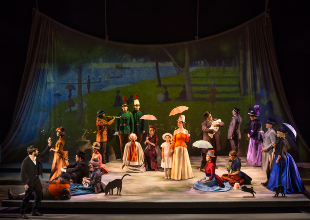 Jake Gyllenhaal (far left) leads the cast of James Lapine and Stephen Sondheim&#39;s Sunday in the Park With George, directed by Sarna Lapine, at Broadway&#39;s Hudson Theatre.