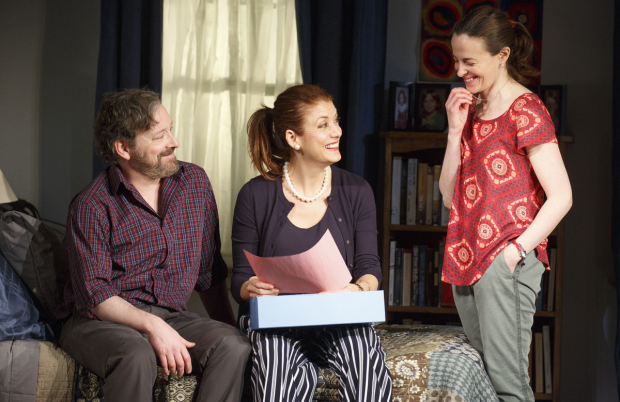 Jeremy Shamos (Michael), Kate Walsh (Holly), and Maria Dizzia (Sharon) in Steven Levenson&#39;s If I Forget, directed by Daniel Sullivan, at Roundabout&#39;s Laura Pels Theatre.