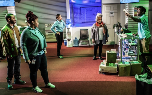 Cesar J. Rosado, Pernell Walker, Flor De Liz Perez, Tina Fabrique, and Chinaza Uche appear in Dolphins and Sharks, a production from Labyrinth Theater Company at the Bank Street Theater.