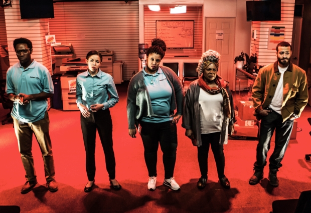 Chinaza Uche, Flor De Liz Perez, Pernell Walker, Tina Fabrique, and Cesar J. Rosado star in James Anthony Tyler&#39;s Dolphins and Sharks, directed by Charlotte Brathwaite, for Labyrinth Theater Company at the Bank Street Theater.