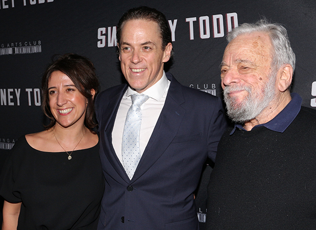 Producer Rachel Edwards, star Jeremy Secomb, and composer/lyricist Stephen Sondheim celebrate the opening night of Sweeney Todd.