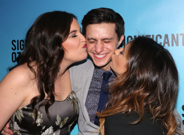 Lindsay Mendez and Sas Goldberg give a kiss to Significant Other leading man Gideon Glick on opening night.