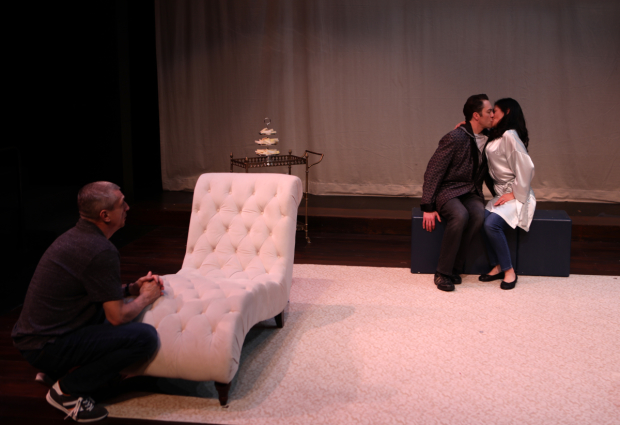 Will McGarrahan, Alexander Platt, and Celeste Oliva in Stage Kiss, directed by Courtney O'Connor, at Lyric Stage Company.