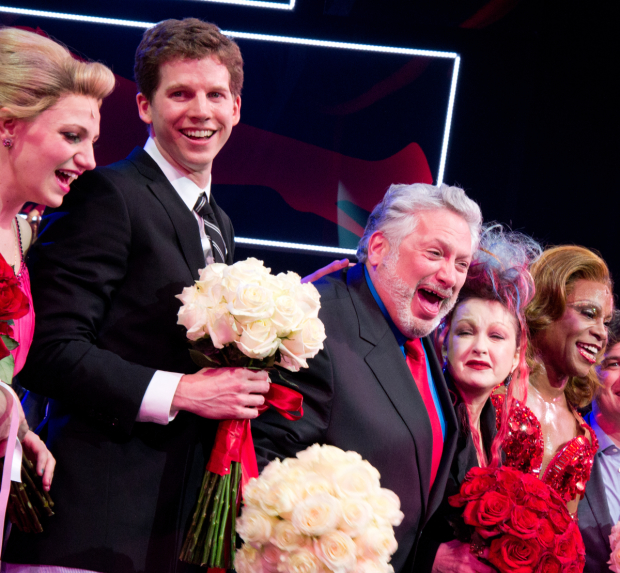 Annaleigh Ashford, Star Sands, Harvey Fierstein, Cyndi Lauper, and Billy Porter during the opening-night curtain of Kinky Boots.