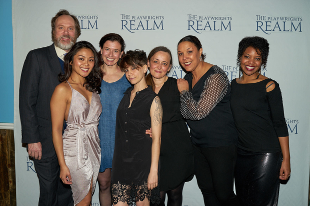 Playwright Jen Silverman (center) joins her cast for a photo.