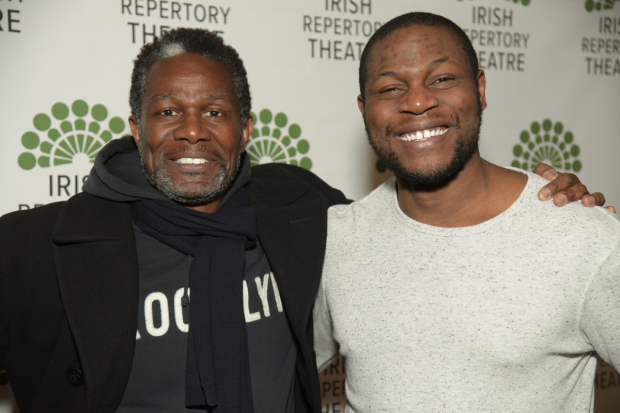 John Douglas Thompson, star of Irish Rep&#39;s 2009 production of The Emperor Jones, takes a photo with current star Obi Abili on opening night.