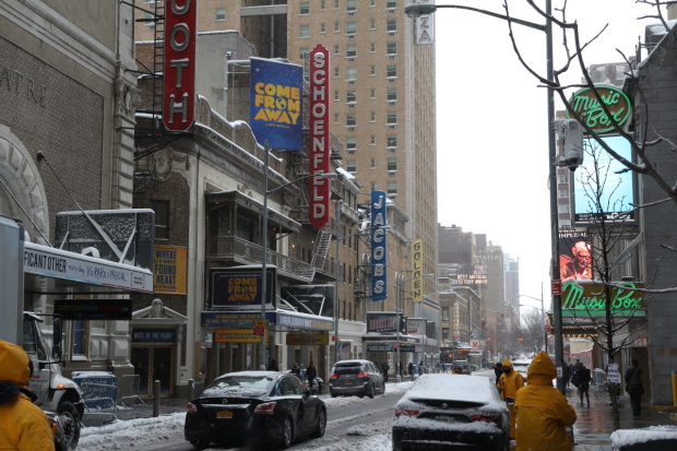 Broadway marquees during a snowstorm on February 9, 2017.