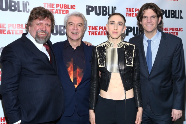 Oskar Eustis, David Byrne, Jo Lampert, and Alex Timbers on opening night of Joan of Arc: Into the Fire at The Public Theater.