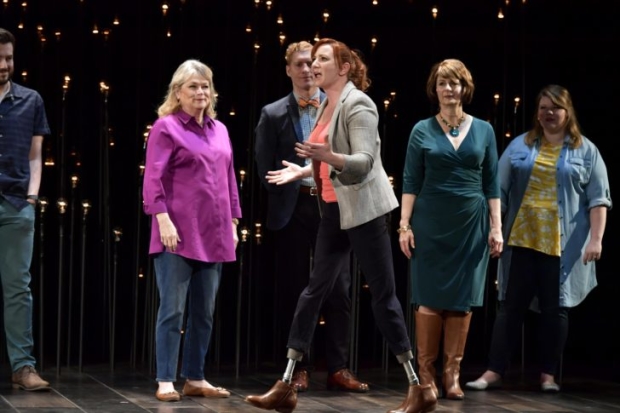 Karen MacDonald, Ed Hoopman, Katy Sullivan, Paula Plum, and Rachel Belleman in Finish Line, directed by Joey Frangieh, at Boston&#39;s Shubert Theatre.