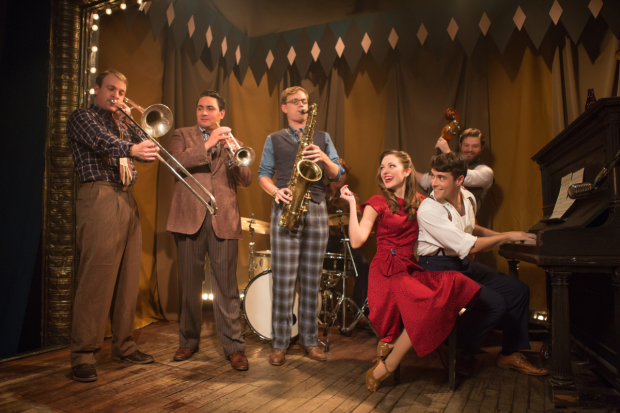 Geoff Packard, Joey Pero, James Nathan Hopkins, Laura Osnes, Corey Cott, and Brandon James Ellis at a recent commercial shoot for Bandstand on Broadway.