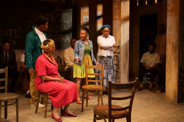 Latrel Crawford, Carolyn Nelson, Almedia Lee Exum, and Monette McLin with the cast of in Sideshow Theatre Company's U.S. premiere of Truth and Reconciliation, written by Debbie Tucker Green and directed by Jonathan L. Green.
