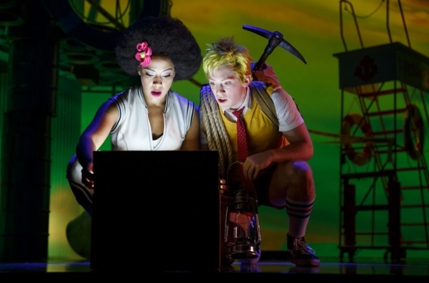 Lilli Cooper and Ethan Slater as Sandy and SpongeBob in the Chicago world premiere of The SpongeBob Musical, directed by Tina Landau.