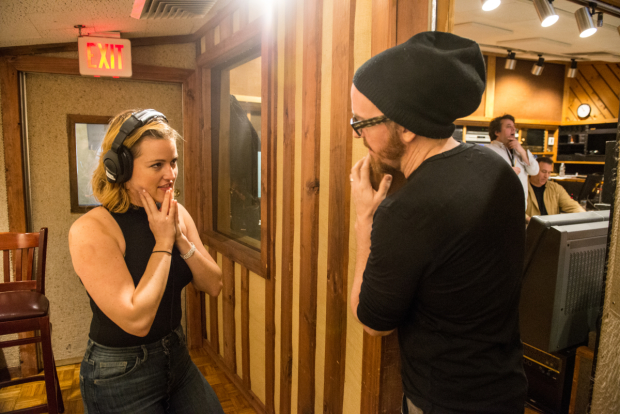Rebecca Faulkenberry and Tim Minchin hard at work in the recording studio.