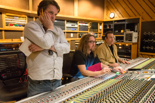 Orchestrator Christopher Nightingale and score writer Tim Minchin at work in the studio with tracking engineer Andy Manganello.