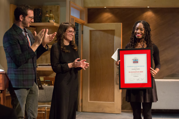 David Bar Katz and Laura Ramadei of the American Playwriting Foundation awarded Aleshea Harris with the Relentless Award.