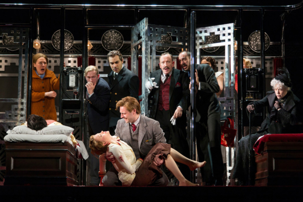 Allan Corduner (center) and the cast of Murder on the Orient Express at the McCarter Theatre Center.