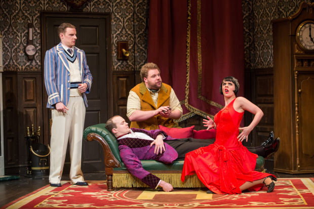 Dave Hearn, Greg Tannahill, Henry Lewis, and Charlie Russell play actors in a 1920s murder mystery in The Play That Goes Wrong on Broadway.