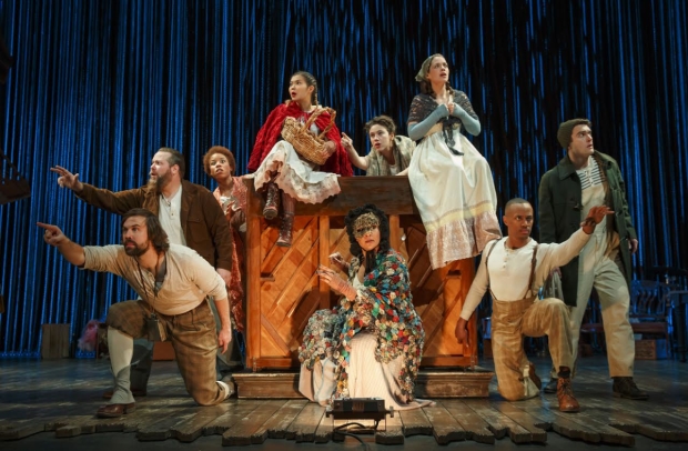 The cast of the Fiasco Theater production of Stephen Sondheim&#39;s Into the Woods, directed by Noah Brody and Ben Steinfeld, at Center Theatre Group/Ahmanson Theatre. 