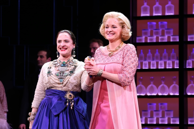 Patti LuPone and Christine Ebersole take a bow on opening night of War Paint, directed by Michael Greif, at the Nederlander Theatre.