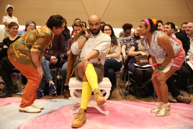 Christopher Ryan Grant, David Ryan Smith, and Aneesh Sheth in a scene from The Public Theater Mobile Unit&#39;s production of Twelfth Night, directed by Saheem Ali.