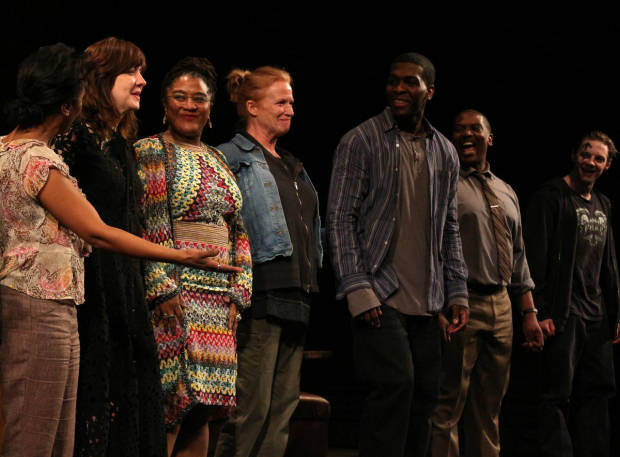 Lynn Nottage (third from left) on the opening night of Sweat on Broadway.