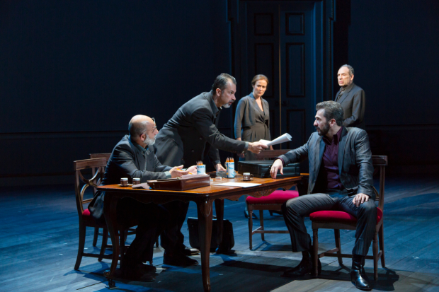 Anthony Azizi, Dariush Kashani, Jennifer Ehle, Michael Aronov, and Daniel Oreskes star in J.T. Rogers&#39; Oslo, directed by Bartlett Sher, at Lincoln Center theater&#39;s Vivian Beaumont Theater.