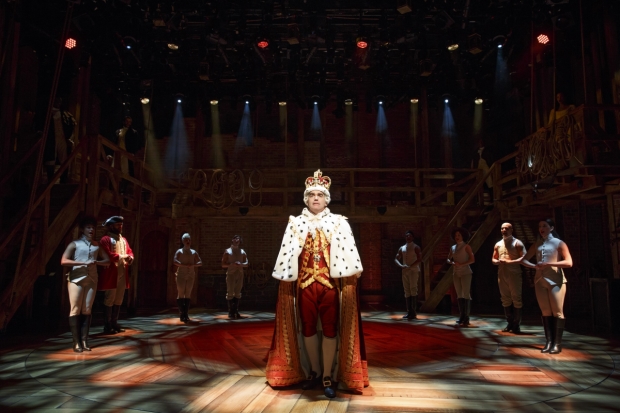 Brian d&#39;Arcy James as King George in the Public Theater engagement of Hamilton.