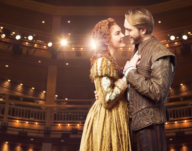 Kate McGonigle as Viola de Lesseps and Nick Rehberger as William Shakespeare in Chicago Shakespeare Theater&#39;s production of Shakespeare in Love, a stage adaptation of the Oscar-winning film, directed by Rachel Rockwell in CST&#39;s Courtyard Theater.