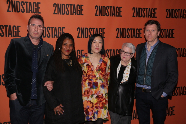 Jon Robin Baitz, Lynn Nottage, Young Jean Lee, Paula Vogel, and Will Eno pose for photos.