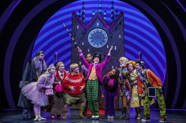 Ben Crawford, Emma Pfaeffle, Kathy Fitzgerald, F. Michael Haynie, Alan H. Green, Christian Borle, Trista Dollison, John Rubinstein, Ryan Foust, Jackie Hoffman, and Michael Wartella star in Charlie and the Chocolate Factory, directed by Jack O&#39;Brien, at Broadway&#39;s Lunt-Fontanne Theatre.