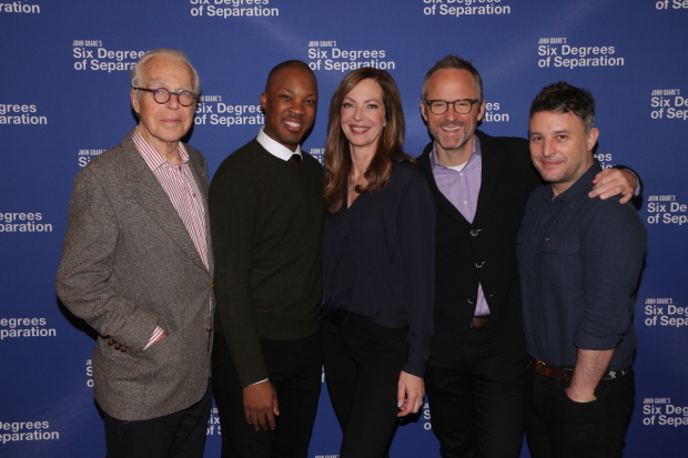 John Guare (left) and Trip Cullman (right) with cast members Corey Hawkins, Allison Janney, and John Benjamin Hickey.