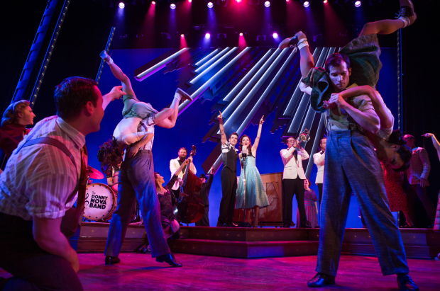 Corey Cott and Laura Osnes (center) star in Bandstand, directed by Andy Blankenbuehler, at the Bernard B. Jacobs Theatre.