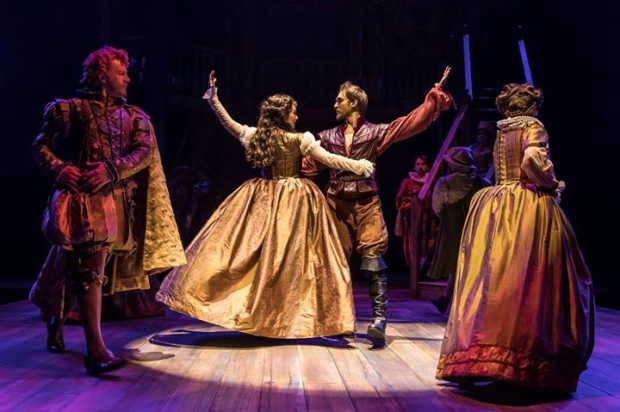 Kate McGonigle as Viola de Lesseps and Nick Rehberger as Will Shakespeare in Shakespeare in Love, directed by Rachel Rockwell, at Chicago Shakespeare Theater.