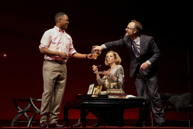Corey Hawkins, Allison Janney, and John Benjamin Hickey in the Broadway revival of John Guare&#39;s Six Degrees of Separation, directed by Trip Cullman, at the Ethel Barrymore Theater.