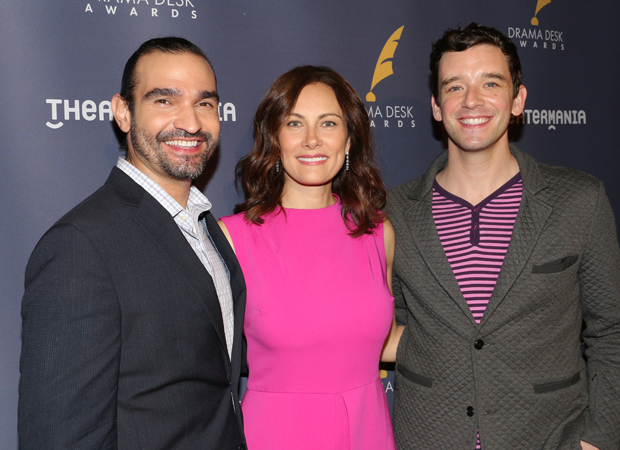 Javier Muñoz, Laura Benanti, and Michael Urie celebrate the announcement of the 2017 Drama Desk Award nominations,