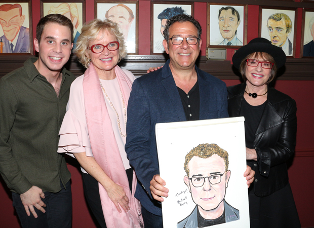 Ben Platt, Christine Ebersole, Michael Grief, and Patti LuPone pose with Greif&#39;s caricature.
