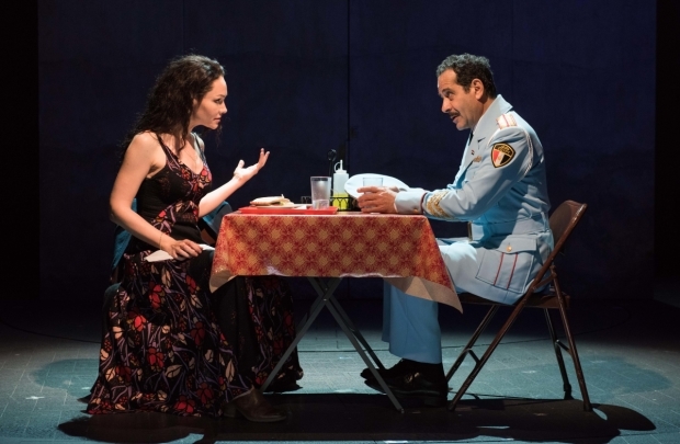 Katrina Lenk and Tony Shalhoub in The Band&#39;s Visit, directed by David Cromer, at the Linda Gross Theater.