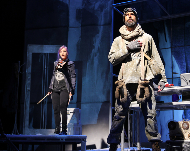 A scene from Ernest Shackleton Loves Me, featuring Val Vigoda and Wade McCollum.