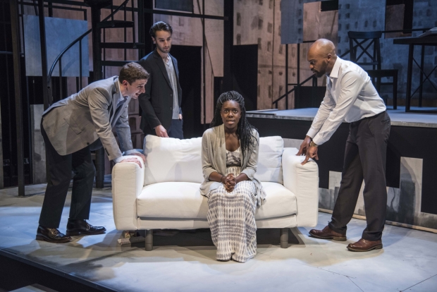 Alejandro Simoes, Zachary Rice, Obehi Janice, and Maurice Emmanuel Parent in The Gift Horse, directed by Jim Petosa, at New Repertory Theatre.