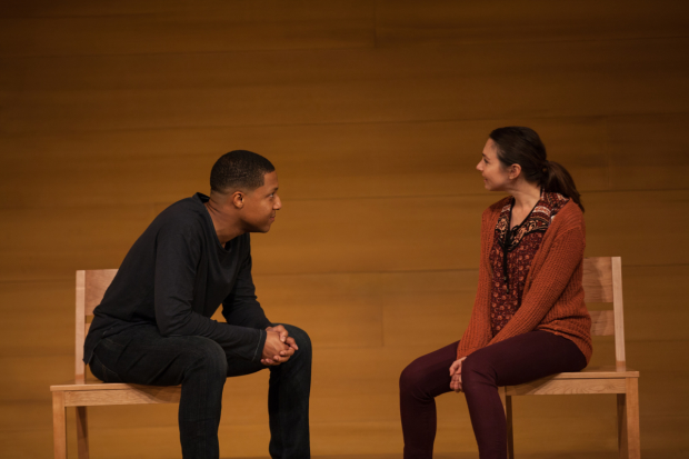 Jerry MacKinnon and Samantha Ressler in Actually, directed by Tyne Rafaeli, at the Geffen Playhouse.