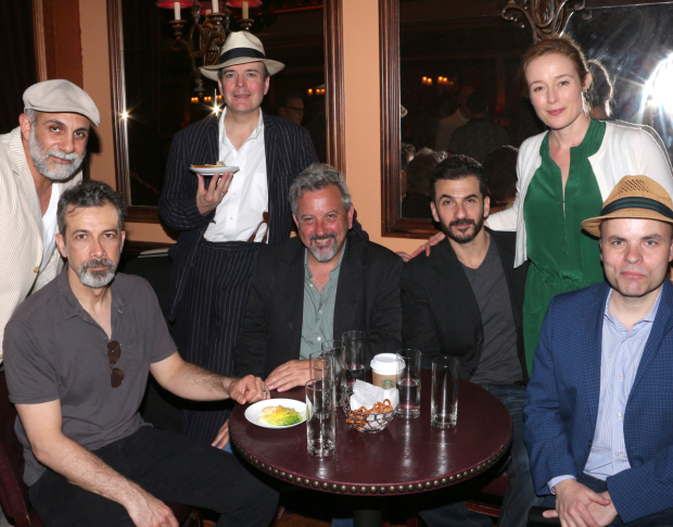 Oslo stars Anthony Azizi, Dariush Kashani, Jefferson Mays, Jeff Still, Michael Aronov, and Jennifer Ehle pose with playwright J.T. Rogers.