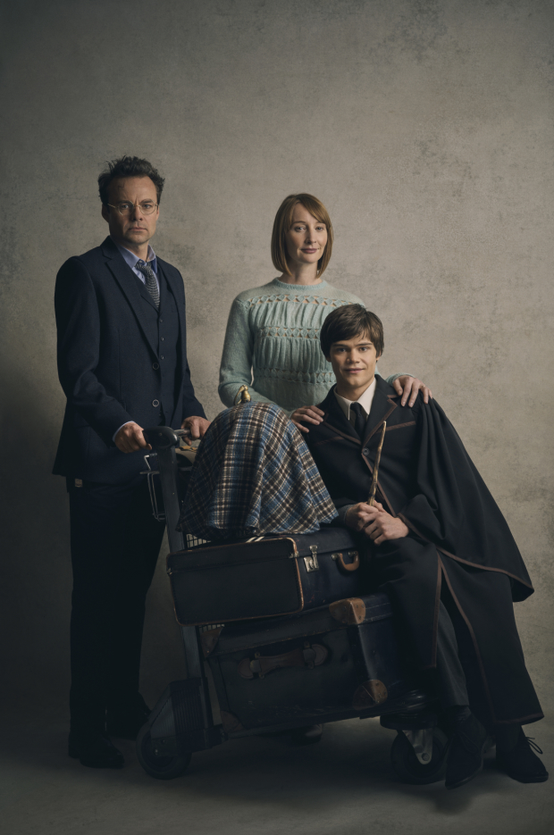 Jamie Glover as Harry Potter, Emma Lowndes as Ginny Potter, and Theo Ancient as Albus Potter in new character portraits from the West End production of Harry Potter and the Cursed Child.
