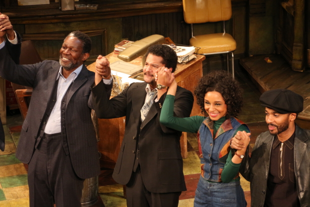 John Douglas Thompson, Brandon Dirden, Carra Patterson, and André Holland take their bow on the opening night of August Wilson&#39;s Jitney.