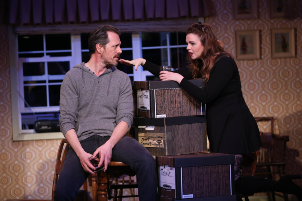 Darren Pettie (Graham) and Amber Tamblyn (Miranda) in Gina Gionfriddo&#39;s Can You Forgive Her?, directed by Peter DuBois, at the Vineyard Theatre. 