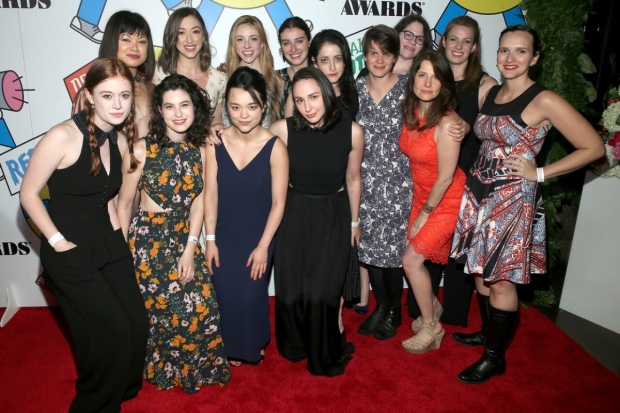 The cast of The Wolves celebrates their Ensemble win at the 62nd Obie Awards.