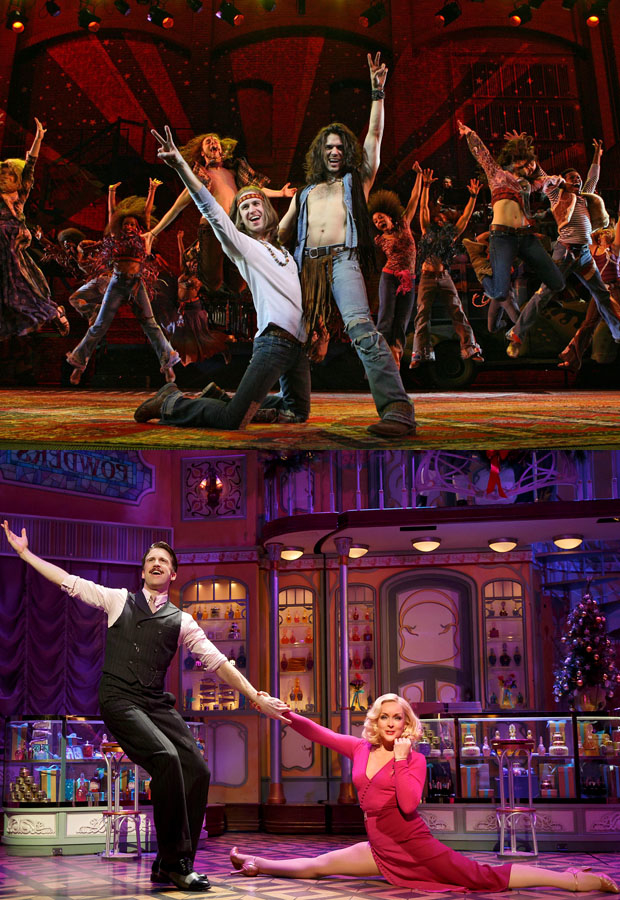 Gavin Creel and Will Swenson in the 2009 Broadway revival of Hair (top); Gavin Creel and Jane Krakowski in the 2016 revival of She Loves Me (bottom).