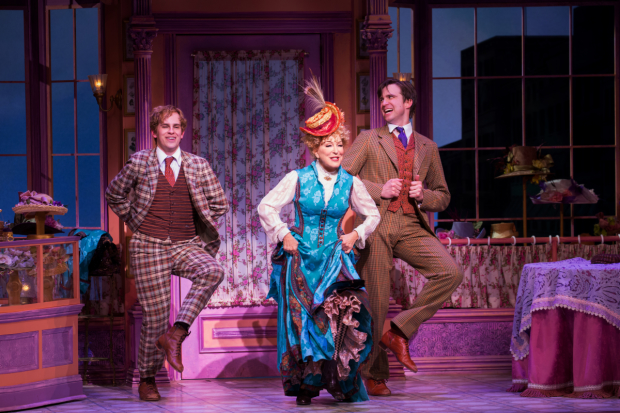 Taylor Trensch, Bette Midler, and Gavin Creel in Hello, Dolly! at the Shubert Theatre.