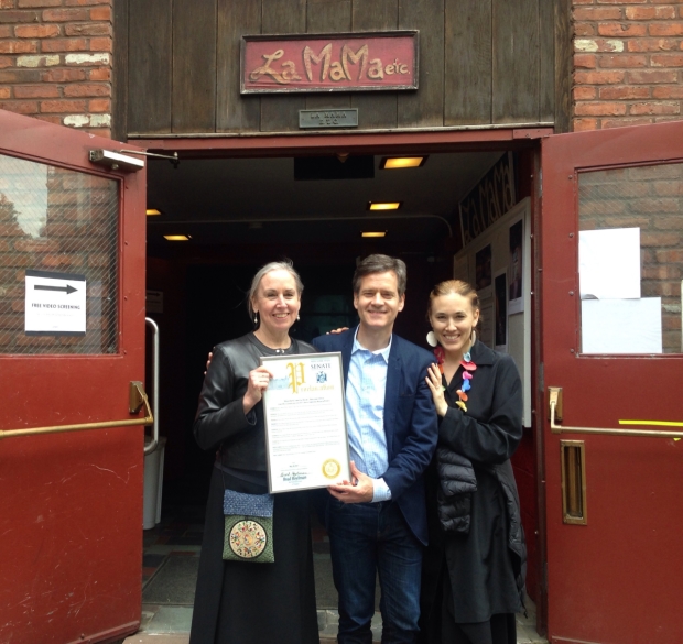 Mary Fulham (left) and Mia Yoo (right) with State Senator Brad Hoylman (center) with a proclamation from the NY State Senate at La Mama&#39;s block party, Dancing in the Streets.