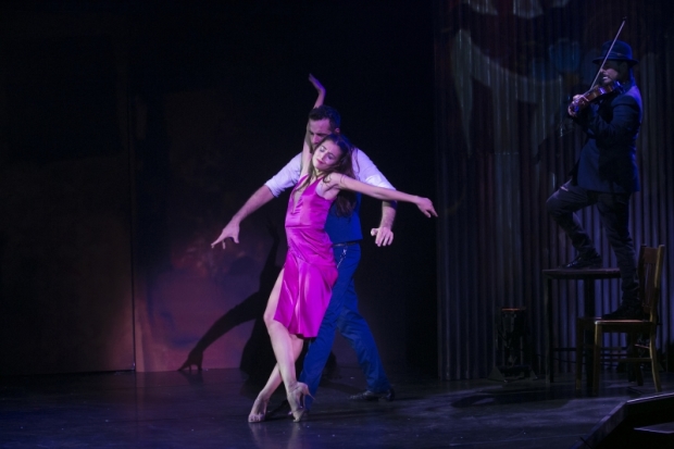 Micaela Spina, Juan Cupini, and band member Julio Dominguez in Arrabal, directed by Sergio Trujillo, at the American Repertory Theater.