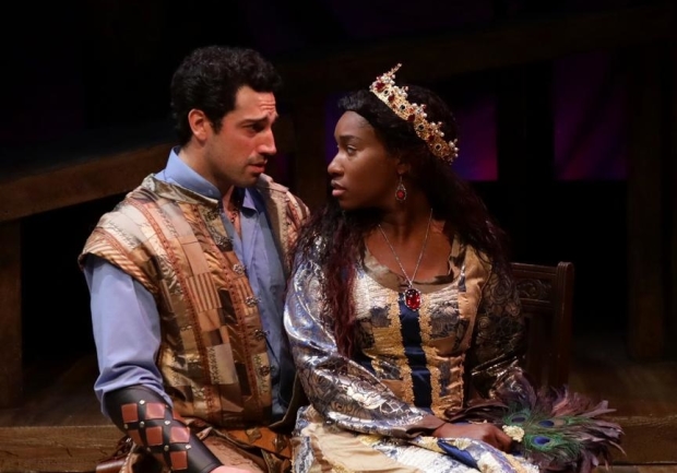 Jared Troilo (Lancelot) and Maritza Bostic (Guenevere) in Camelot, directed by Spiro Veloudos, at the Lyric Stage Company.